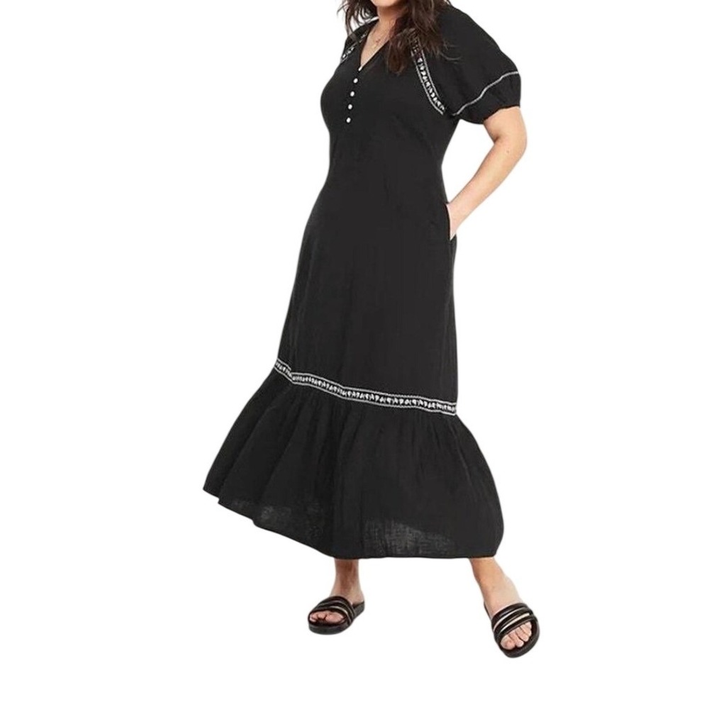 Old‎ Navy Black Cotton Gauze Embroidered Tiered Maxi Dress Small Boho Cottage